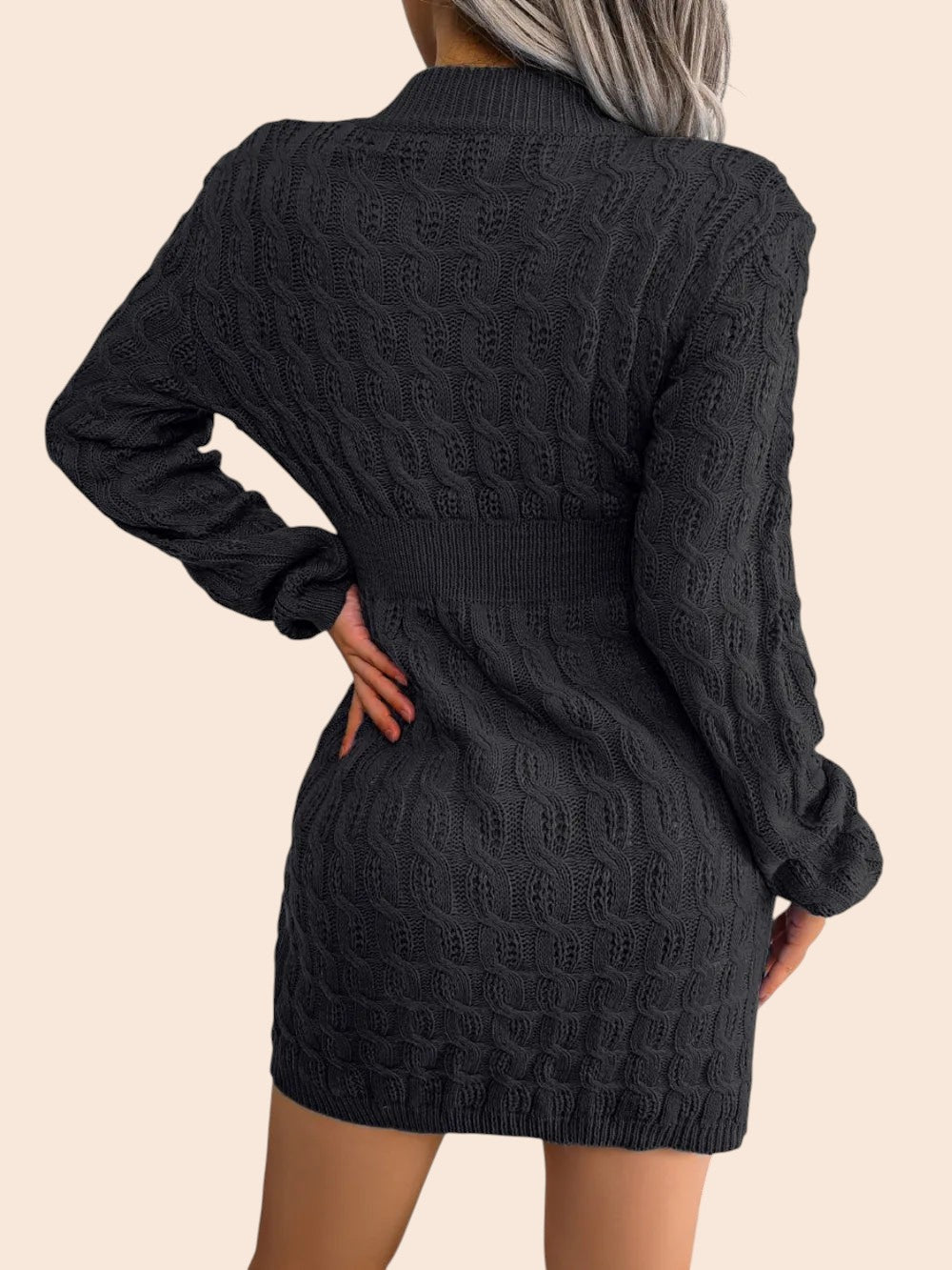 My Store black cable-knit mini sweater dress with a cinched ribbed waist and voluminous sleeves, back view