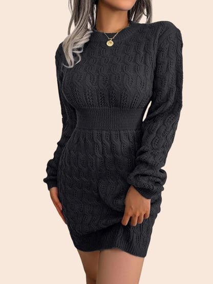 My Store black cable-knit mini sweater dress with a cinched ribbed waist and voluminous long sleeves