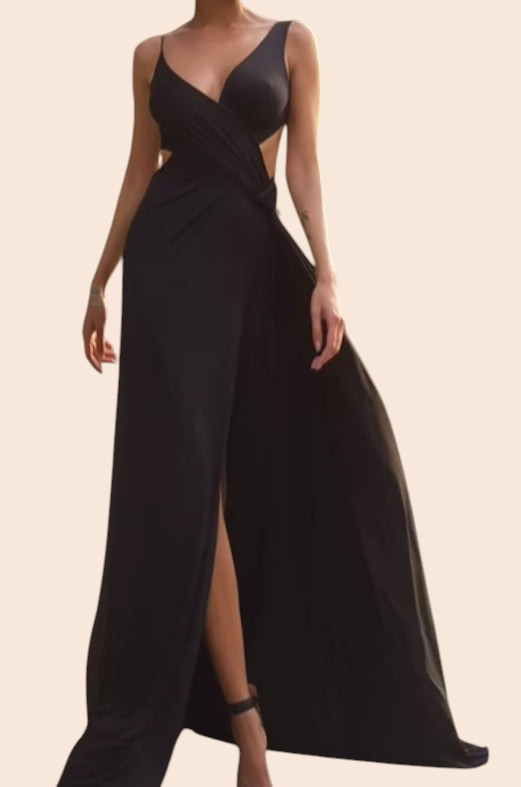 My Store black sleeveless maxi dress with a plunging V-neck, waist cutouts, ruching, and a dramatic thigh-high slit.
