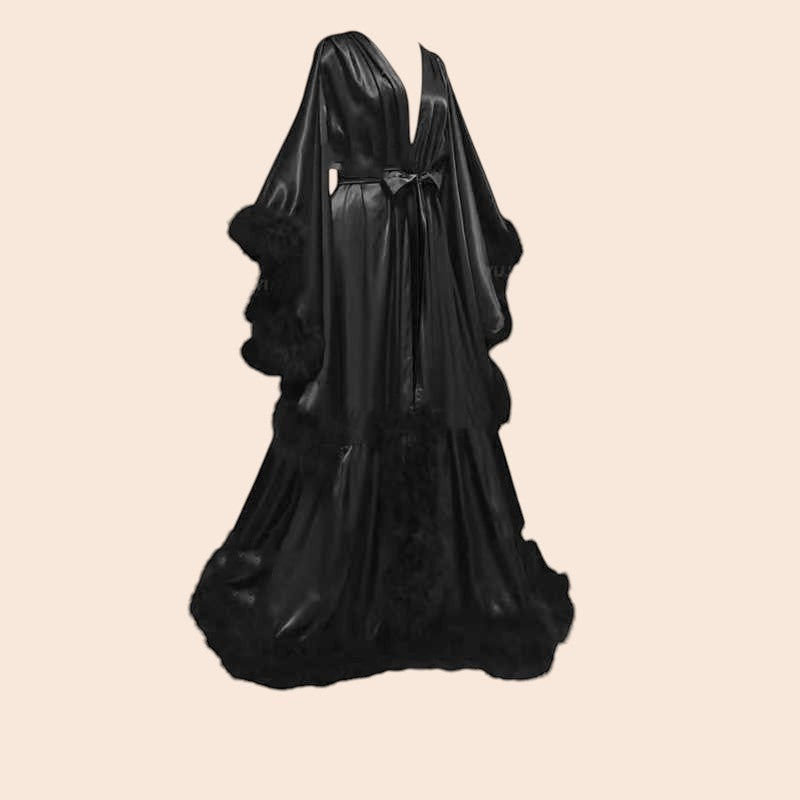 My Store black long bridal robe in polyester mesh with feather trim and tie waist