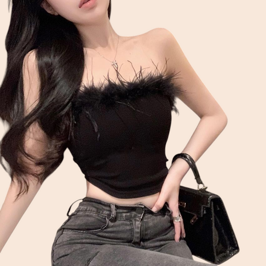 My Store black strapless crop top featuring a soft feather-trimmed neckline worn with dark grey jeans