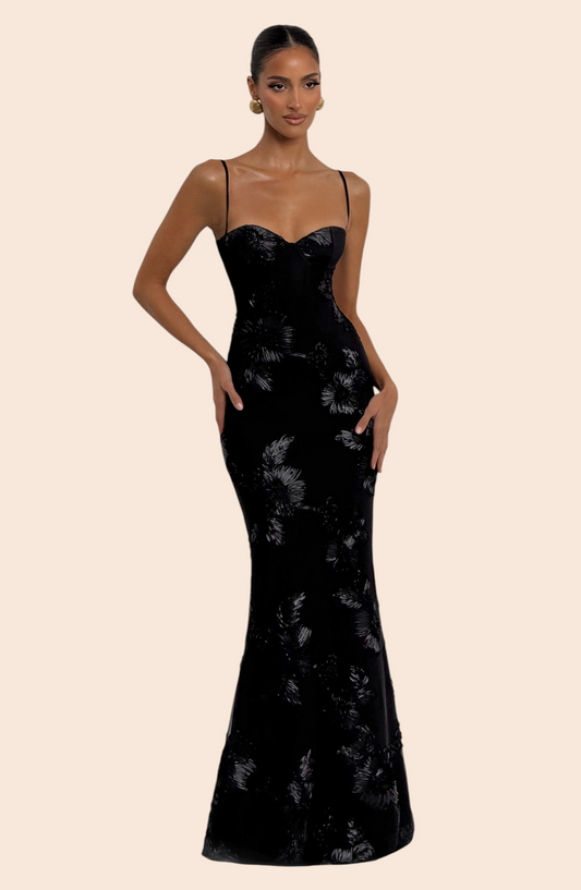 My Store Nefertiti black floral jacquard maxi dress with a sculpted sweetheart bodice and delicate spaghetti straps.