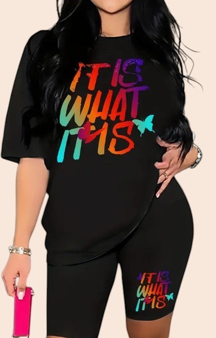My Store black polyester drop shoulder t-shirt with colorful It Is What It Is graphic and butterfly print