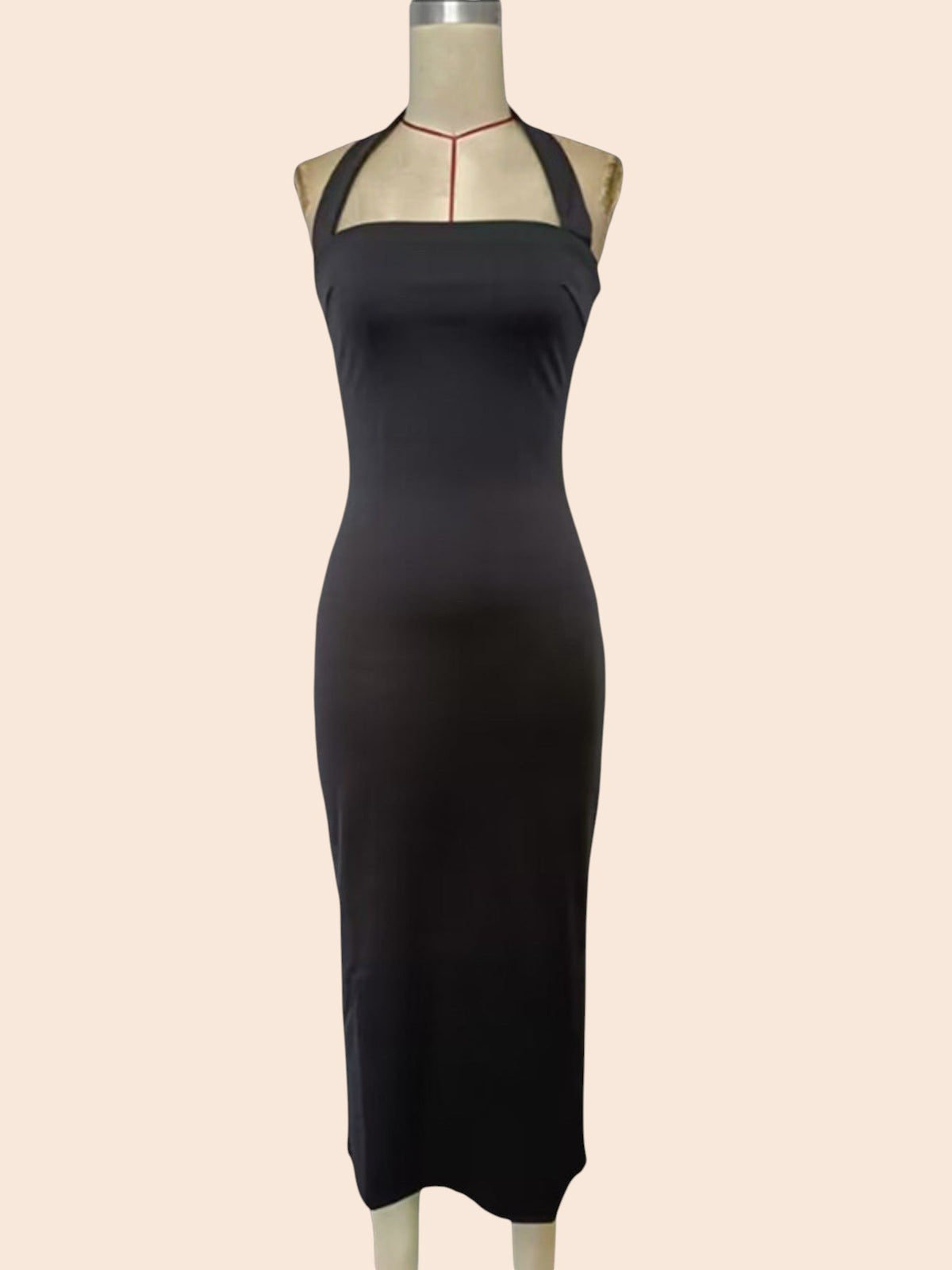 My Store black midi bodycon dress with a square neckline and halter strap on a mannequin