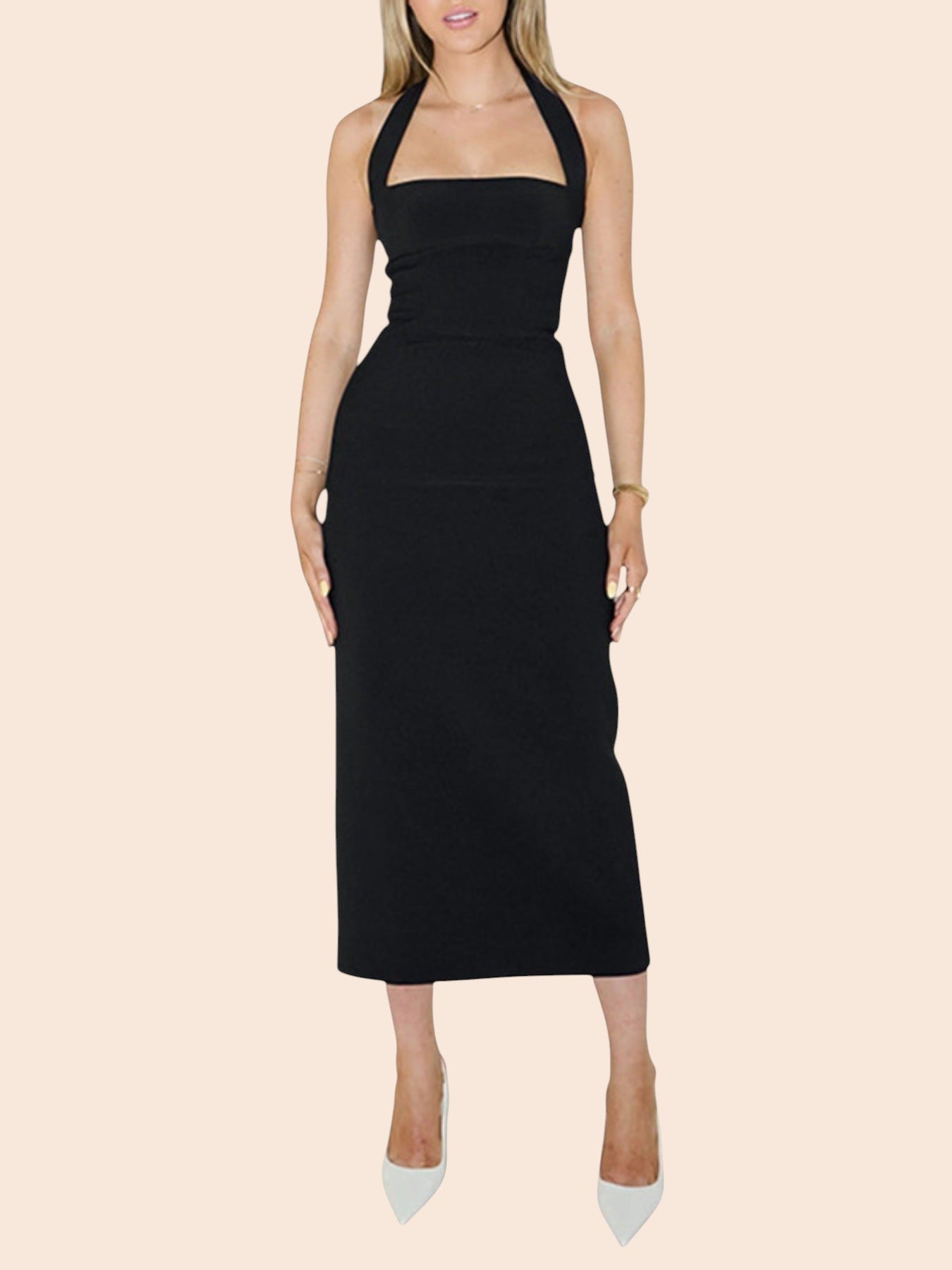 My Store black midi bodycon dress with a square neckline and halter strap worn by a blonde model with white heels.