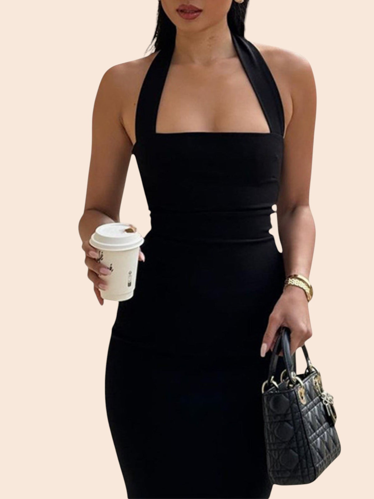 My Store black midi bodycon dress featuring a structured square neckline and halter strap on a model holding a coffee