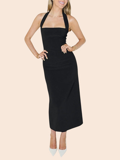 My Store black midi bodycon dress with a square neckline and halter strap worn by a blonde model with white heels