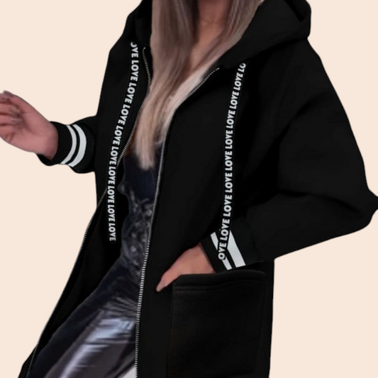 My Store black longline hooded zip-up coat with statement puff sleeves, oversized pockets, and LOVE print trim.