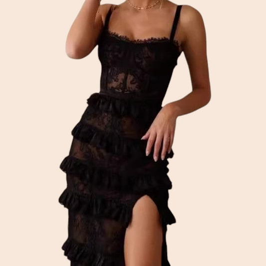 My Store black lace maxi dress featuring spaghetti straps, tiered ruffles, and a dramatic thigh-high slit.