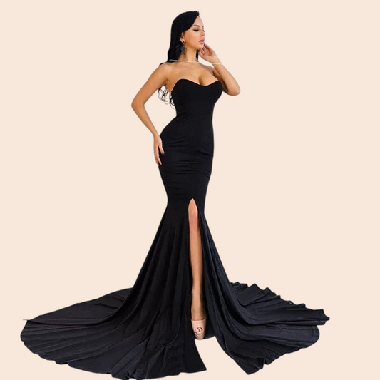 My Store black strapless mermaid maxi dress with a thigh-high slit and dramatic floor-sweeping train on a model