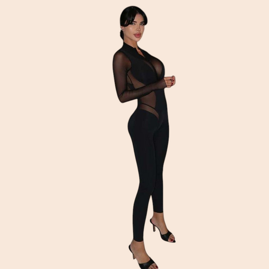 Model wearing a My Store black sheer mesh cutout jumpsuit with long sleeves and a figure-hugging silhouette.