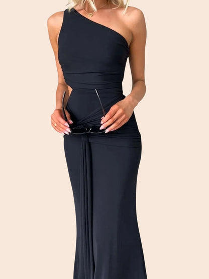 My Store black one-shoulder maxi dress with a waist cutout, ruched detailing, and draped side accent on a model.
