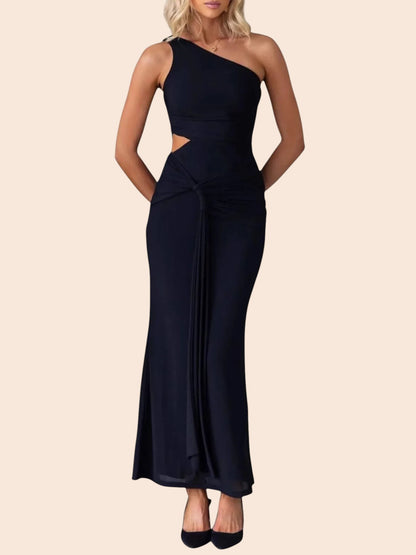 My Store black one-shoulder maxi dress with a waist cutout, ruched detailing, and draped side accent on a model