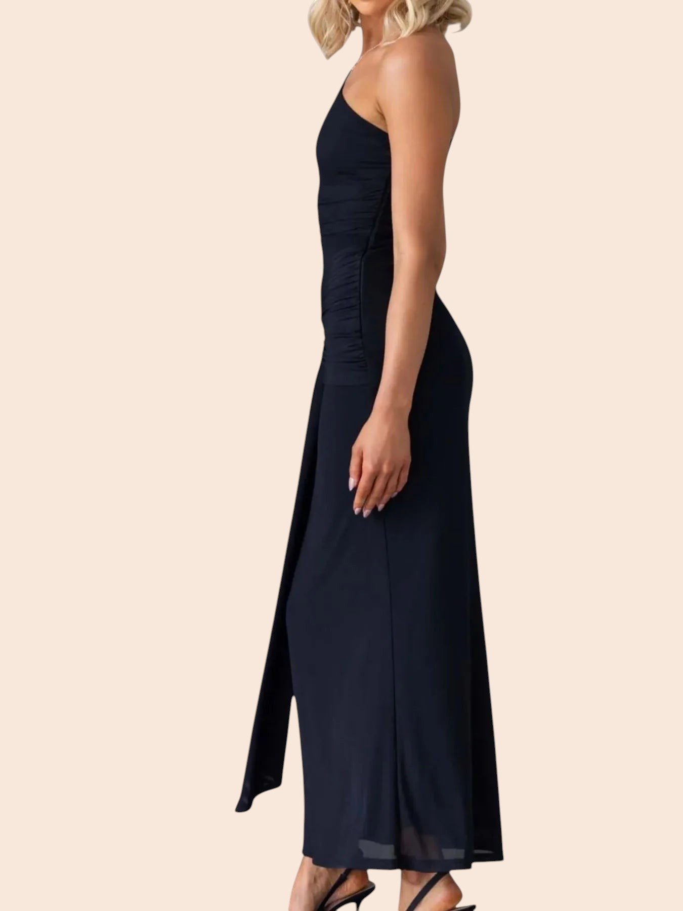 My Store black one-shoulder maxi dress with ruched detailing and a side cutout worn by a blonde model