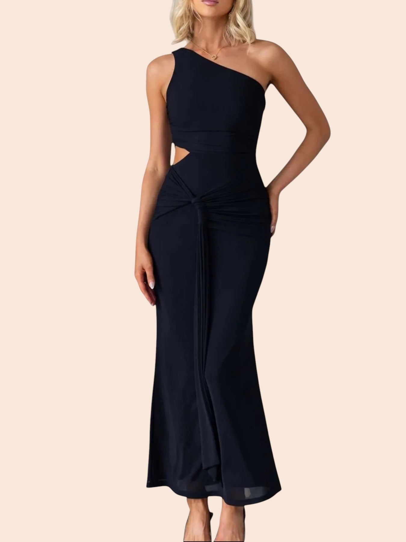 My Store black one-shoulder maxi dress with a waist cutout, ruched detailing, and draped side accent on a model.
