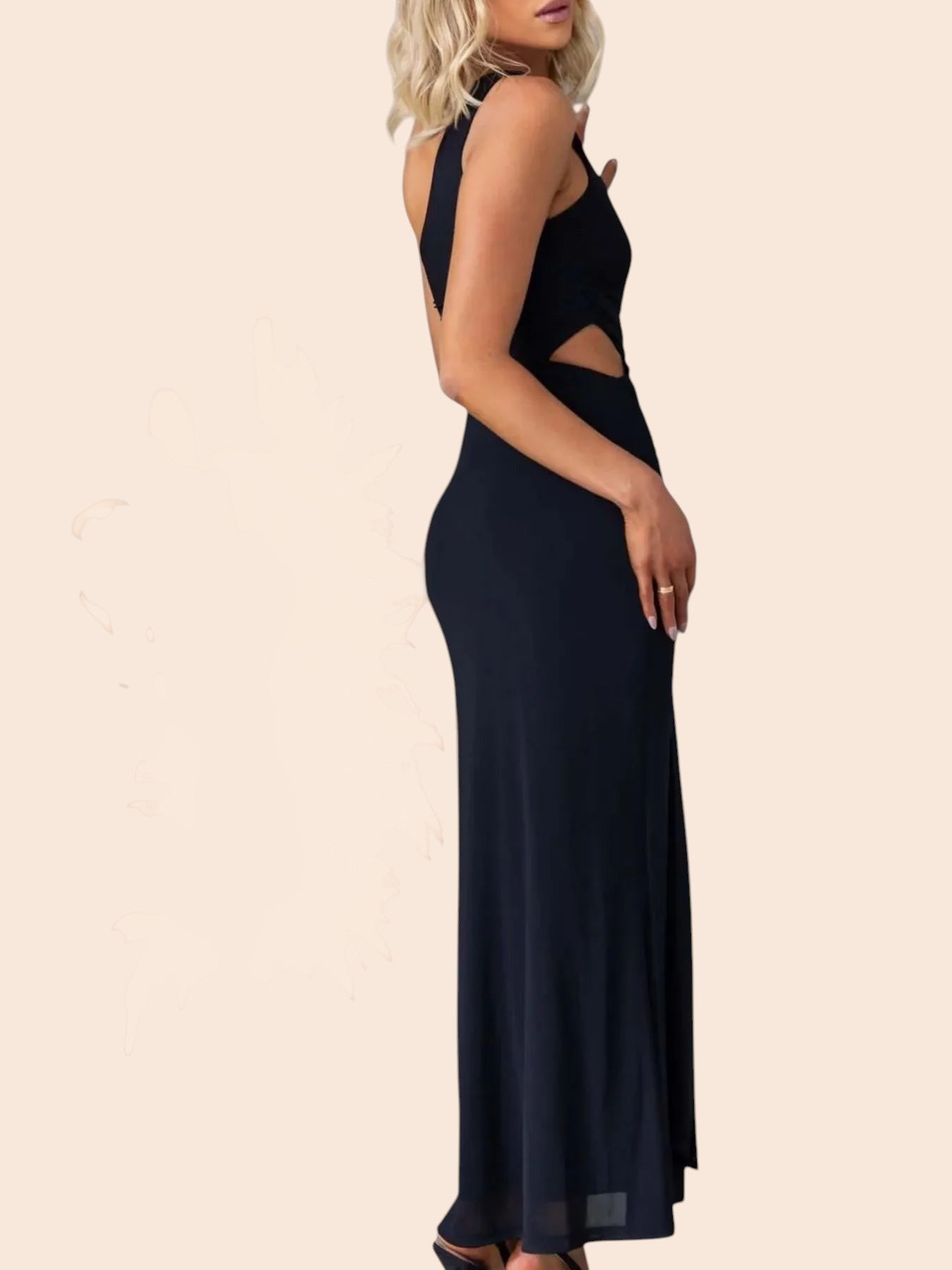 My Store black one-shoulder maxi dress with a waist cutout and draped side detail worn by a blonde model