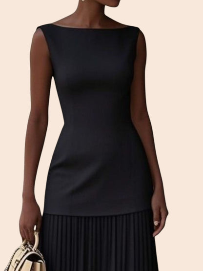 My Store black sleeveless maxi dress with a bateau neckline, structured bodice, and a flowing pleated drop-waist skirt