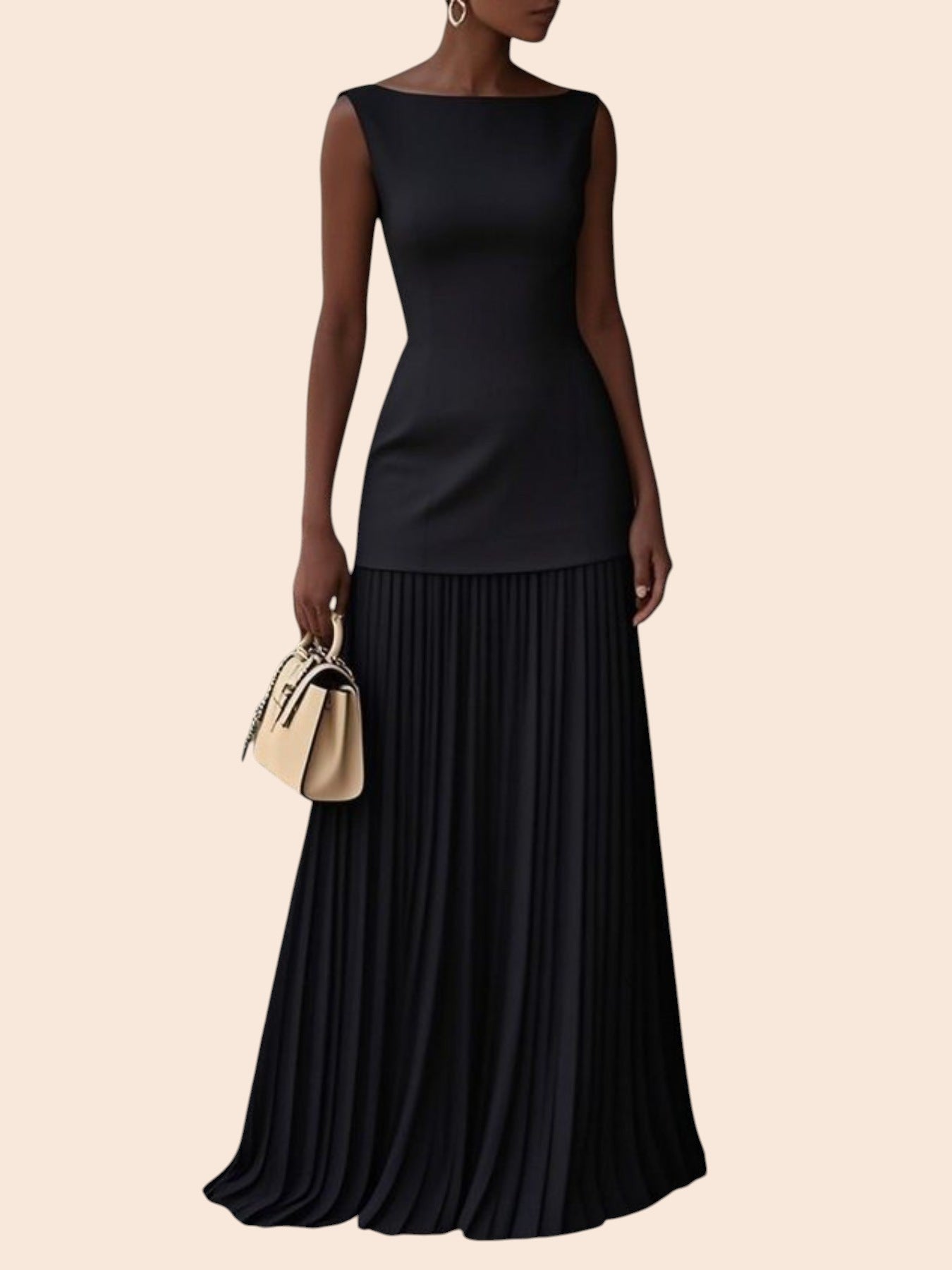 My Store black sleeveless maxi dress with a bateau neckline, drop-waist bodice, and a flowing pleated floor-length skirt
