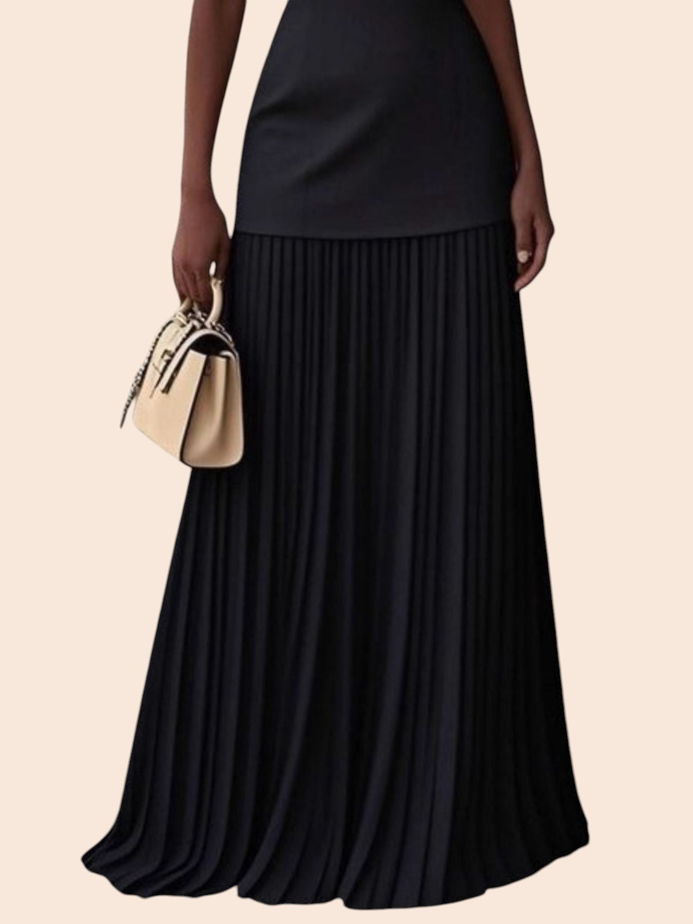 My Store black sleeveless maxi dress featuring a structured bodice and a flowing drop-waist pleated skirt.
