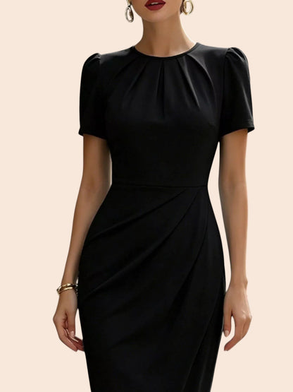 My Store black midi dress with short sleeves, pleated neckline, and waist detailing on a model