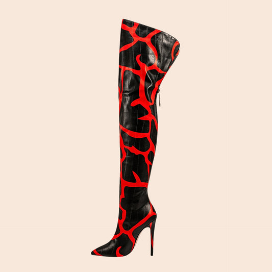 My Store over-the-knee stiletto boots in black and red microfiber leather with a pointed toe and back zipper closure.