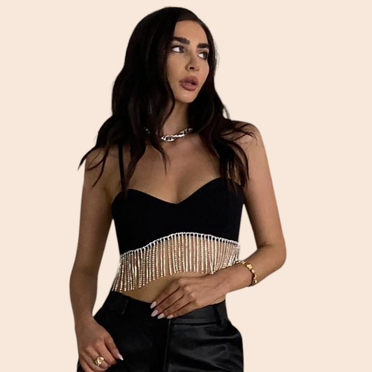 My Store black crop top with a sweetheart neckline and cascading silver rhinestone fringe worn by a model