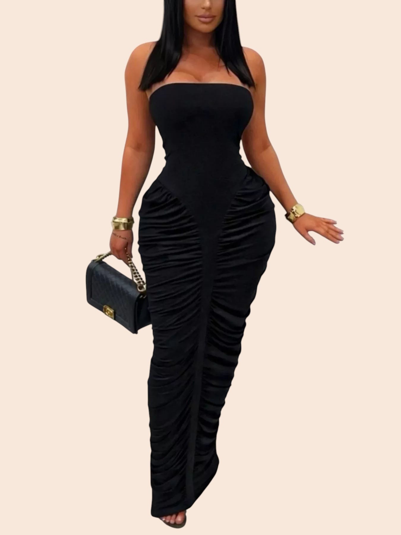 My Store black strapless maxi dress with all-over ruching and a figure-hugging bodycon silhouette on a model