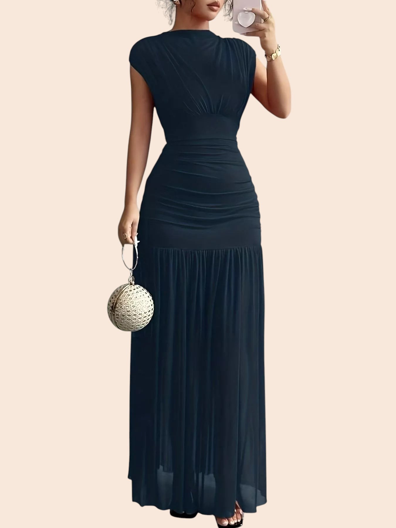My Store black maxi dress featuring a structured neckline, cap sleeves, and ruched drop-waist detailing.