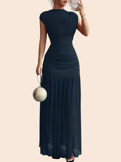 My Store black maxi dress featuring a structured neckline, cap sleeves, and ruched drop-waist detailing.