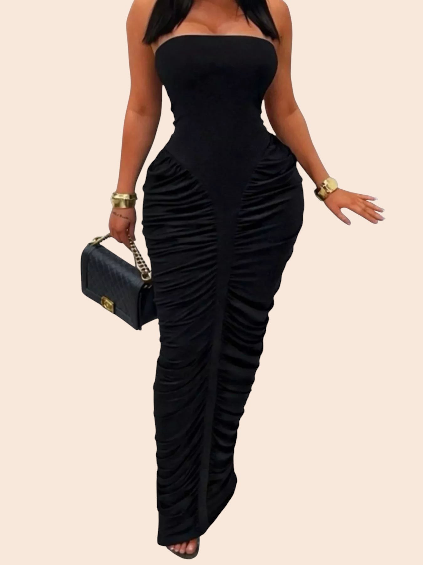 My Store black strapless maxi dress with all-over ruching and a figure-hugging bodycon silhouette on a model.