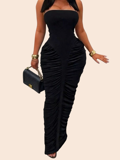 My Store black strapless maxi dress with all-over ruching and a figure-hugging bodycon silhouette on a model.