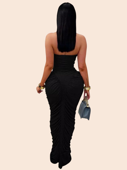 My Store strapless black maxi dress with all-over ruching and a figure-hugging bodycon fit, back view