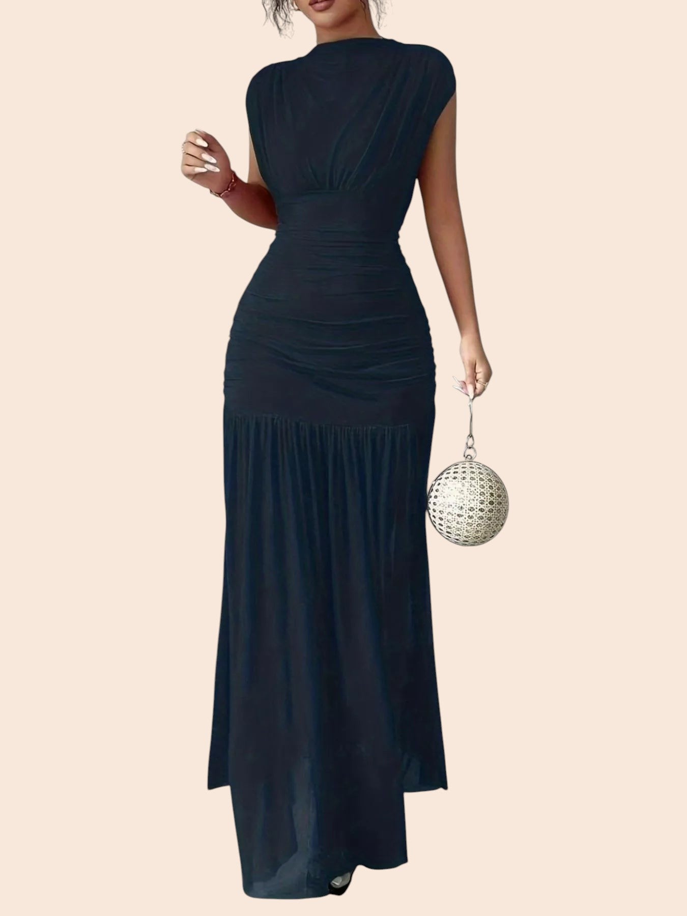 My Store black ruched drop-waist maxi dress with cap sleeves and a curve-skimming bodice for elegant evening events.