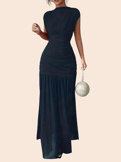 My Store black ruched drop-waist maxi dress with cap sleeves and a curve-skimming bodice for elegant evening events.