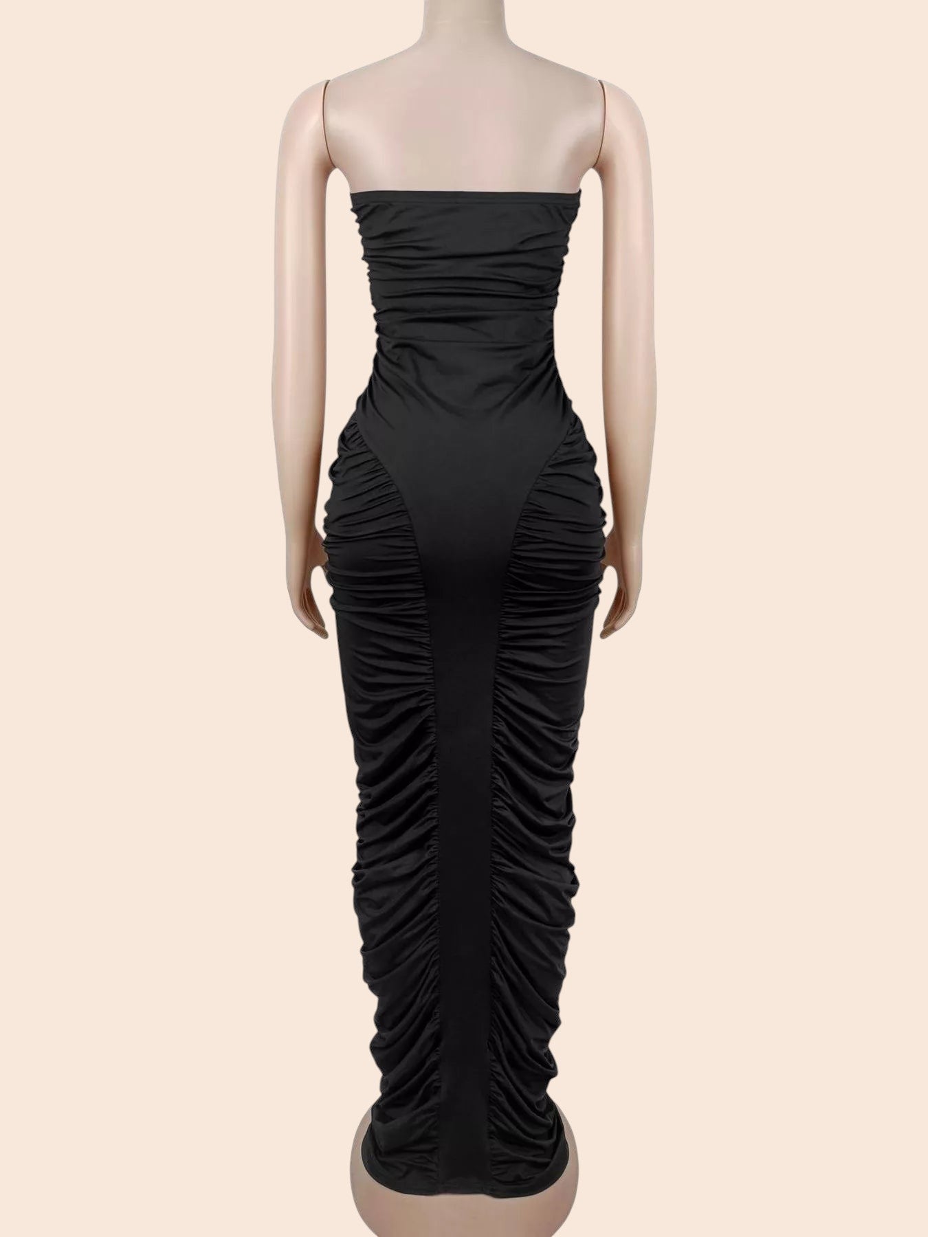 My Store strapless black maxi dress with all-over ruched detailing and a figure-hugging bodycon silhouette