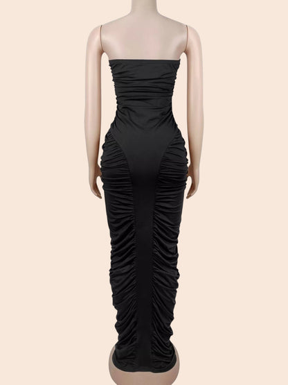 My Store strapless black maxi dress with all-over ruched detailing and a figure-hugging bodycon silhouette