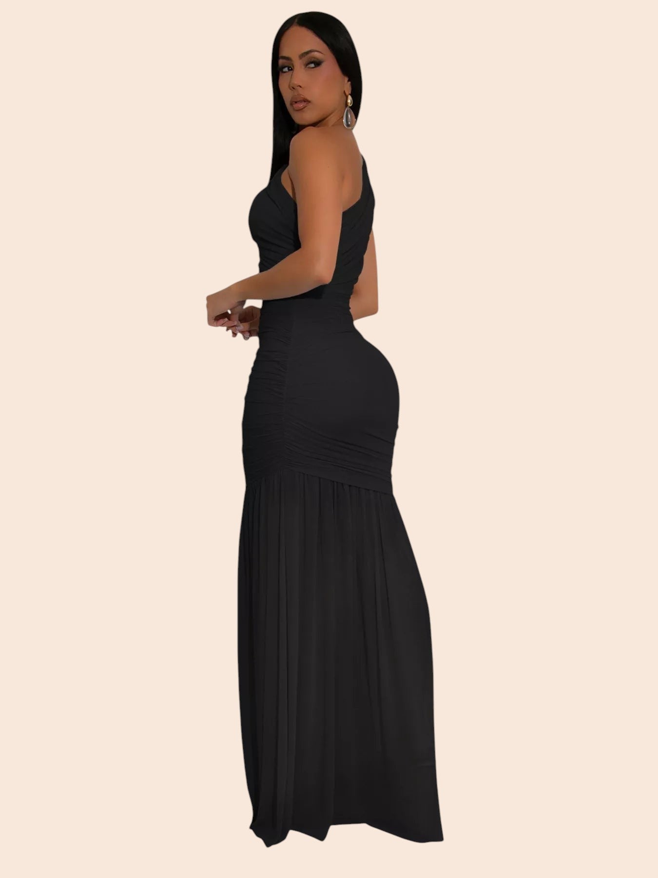 My Store black one-shoulder ruched mermaid maxi dress worn by a model, featuring a fitted bodice and floor-length hem.