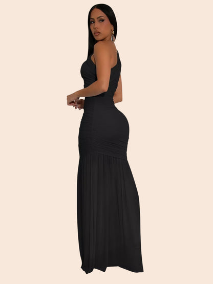 My Store black one-shoulder ruched mermaid maxi dress worn by a model, featuring a fitted bodice and floor-length hem.
