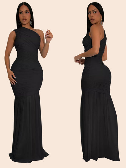 My Store black one-shoulder ruched mermaid maxi dress worn by a model in front and side views