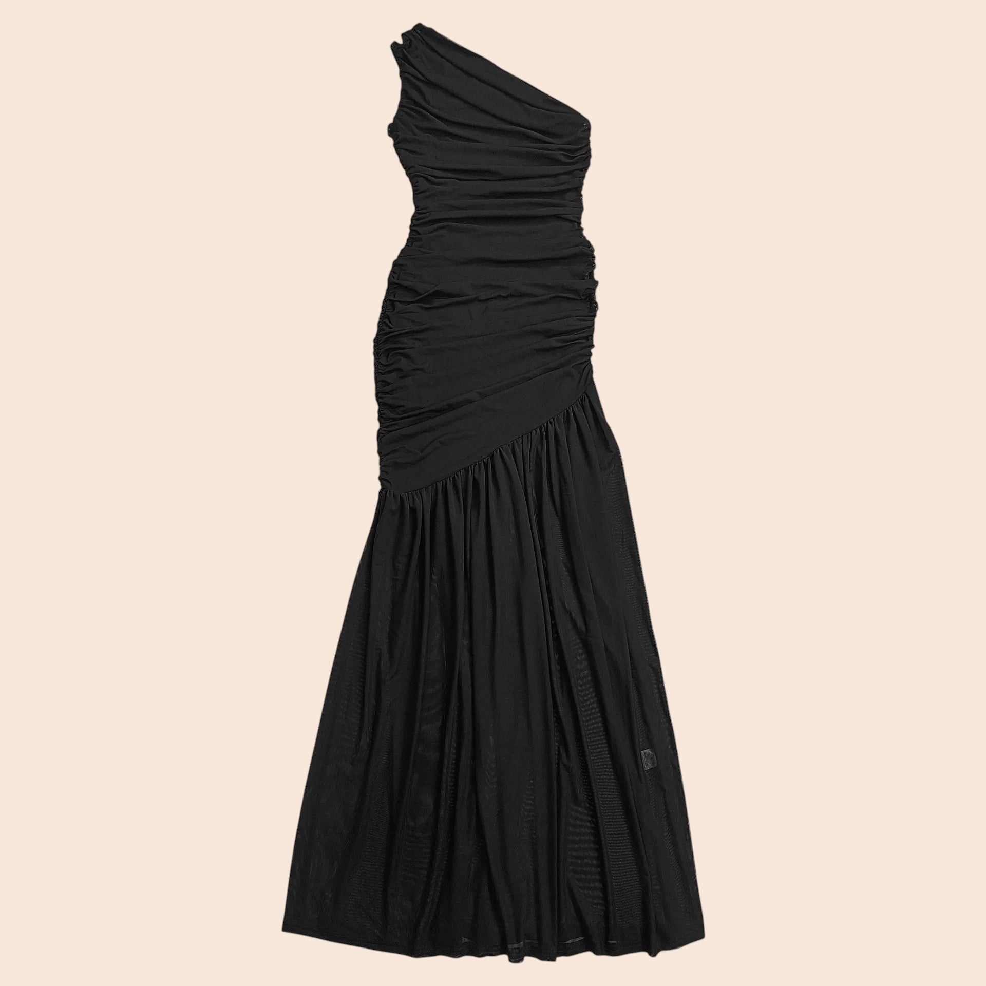 My Store black one-shoulder maxi dress with ruched bodice and flowing mermaid skirt for formal evening events