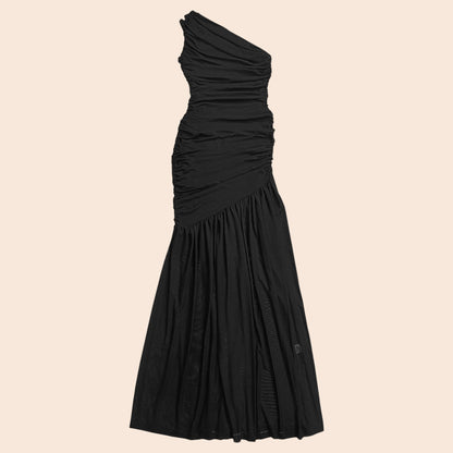 My Store black one-shoulder maxi dress with ruched bodice and flowing mermaid skirt for formal evening events