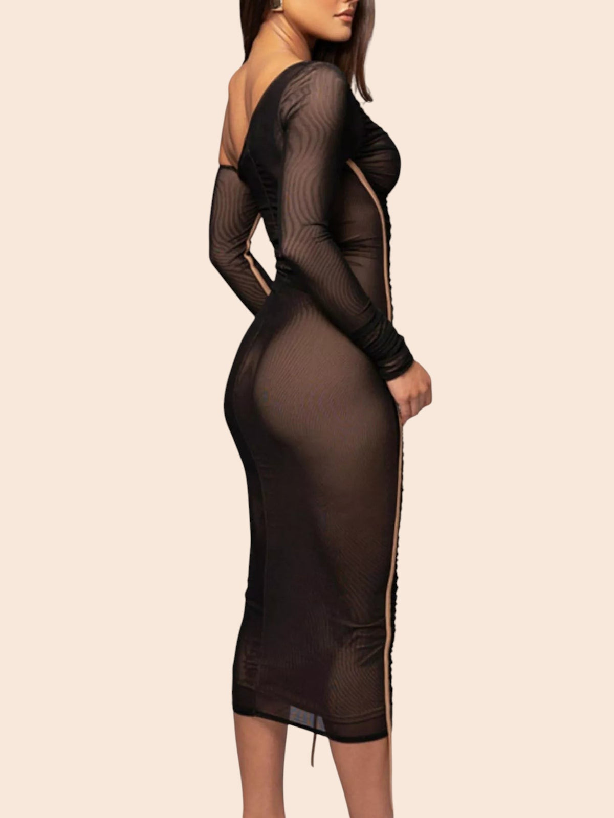 My Store black one-shoulder ruched mesh midi dress with a sheer long sleeve and bodycon fit on a model
