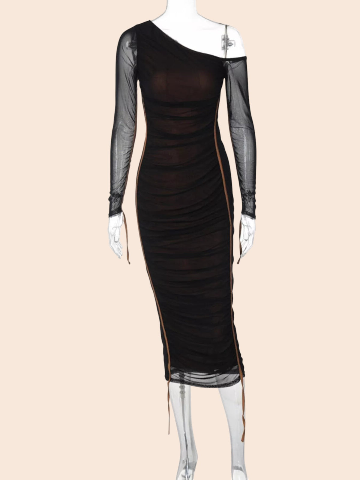 My Store black one-shoulder ruched mesh midi dress with a single sheer long sleeve and adjustable side ties