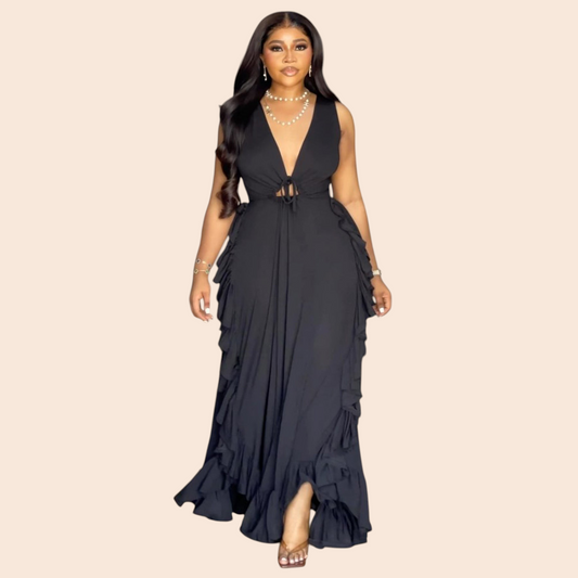 My Store black sleeveless maxi dress with a plunging neckline and cascading ruffle details worn by a woman