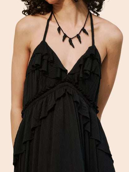 My Store black ruffled tiered halter maxi dress with an open back and bohemian style