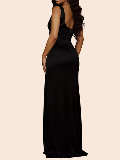 My Store black satin maxi dress with a sleeveless design and floor-length silhouette shown from the back