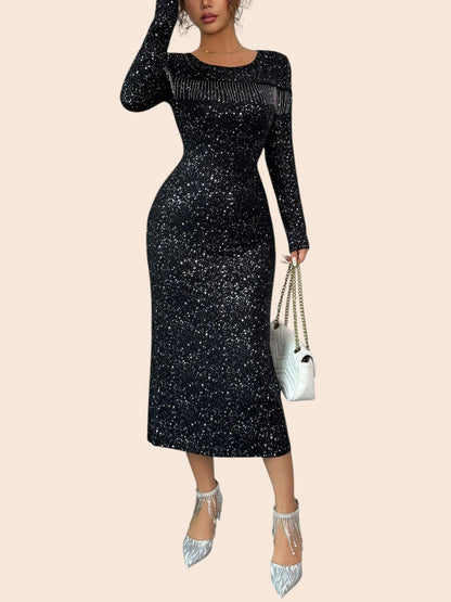 My Store black long sleeve midi dress with shimmering embellishments, round neckline, and curve-hugging bodycon fit.