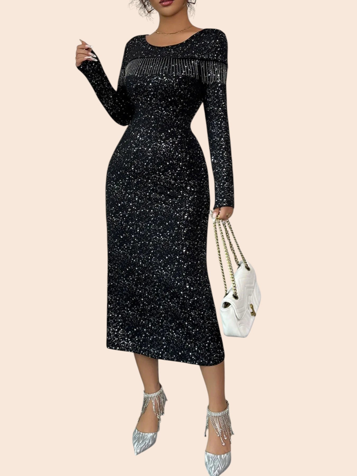 My Store black long sleeve bodycon midi dress with shimmering embellishments and fringe detail on the chest