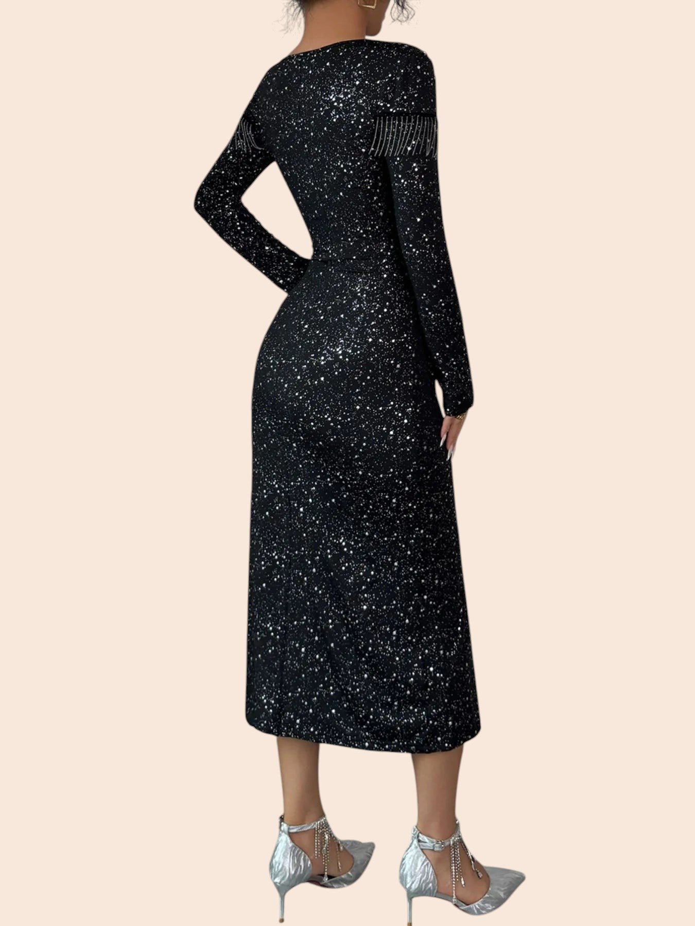 My Store black long sleeve bodycon midi dress with shimmering embellishments, shown from the back view.