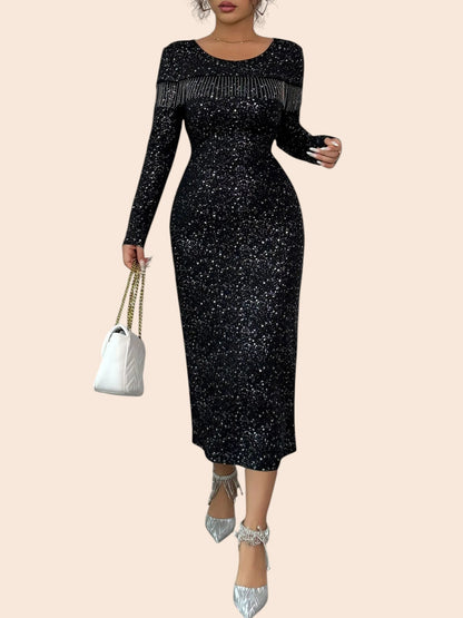 My Store black long sleeve bodycon midi dress with shimmering embellishments and fringe detail on the chest